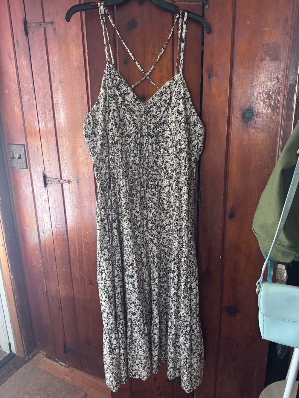 Time and Tru Black & Cream Floral Maxi Dress with Crisscross Straps